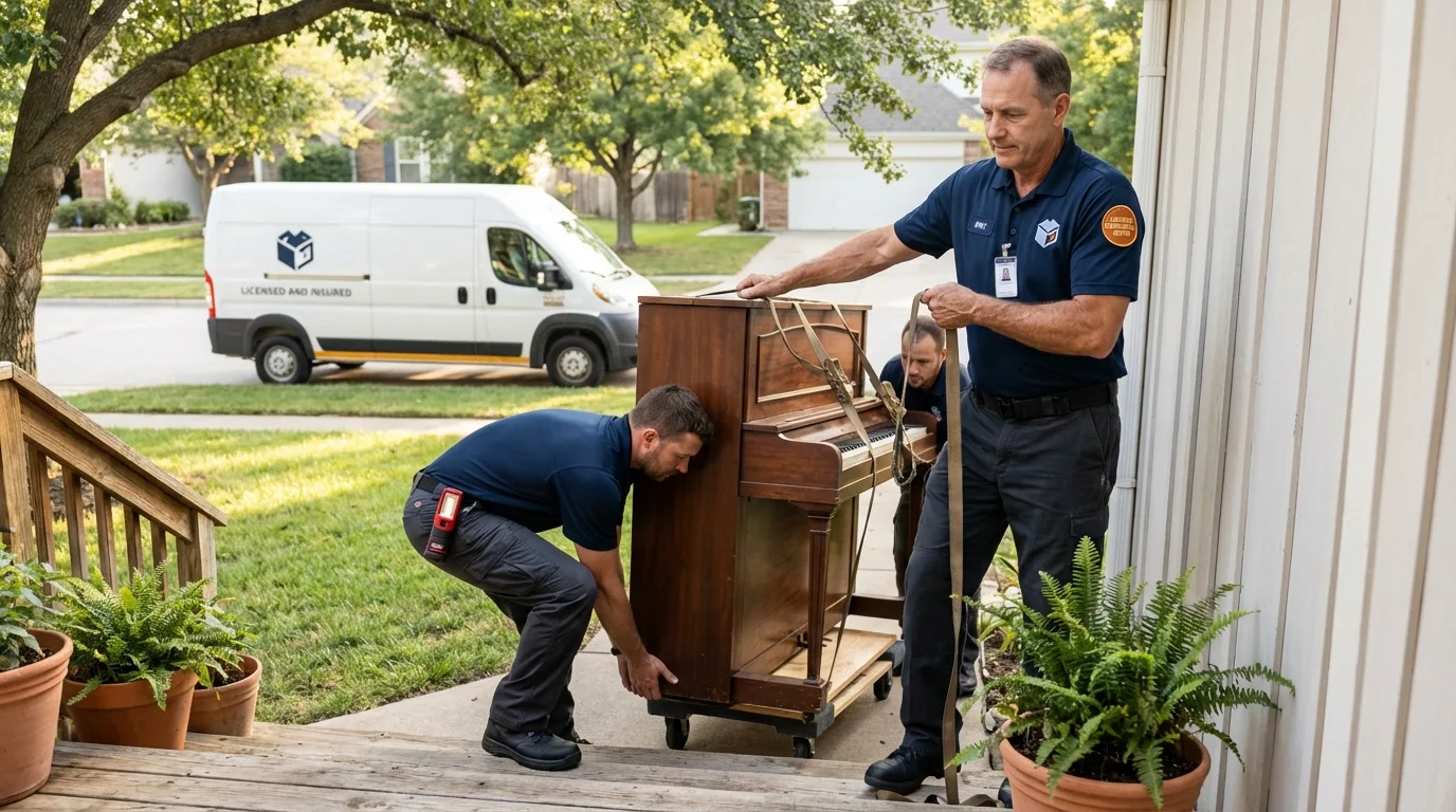 Licensed piano movers securing grand piano in Gainesville, FL