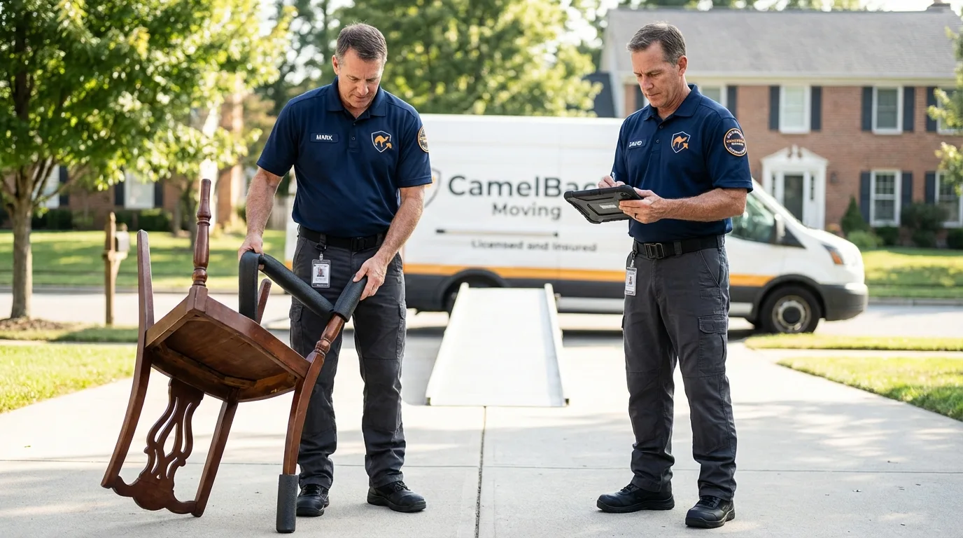 Movers inspecting furniture for damage prevention before loading in Gainesville, FL